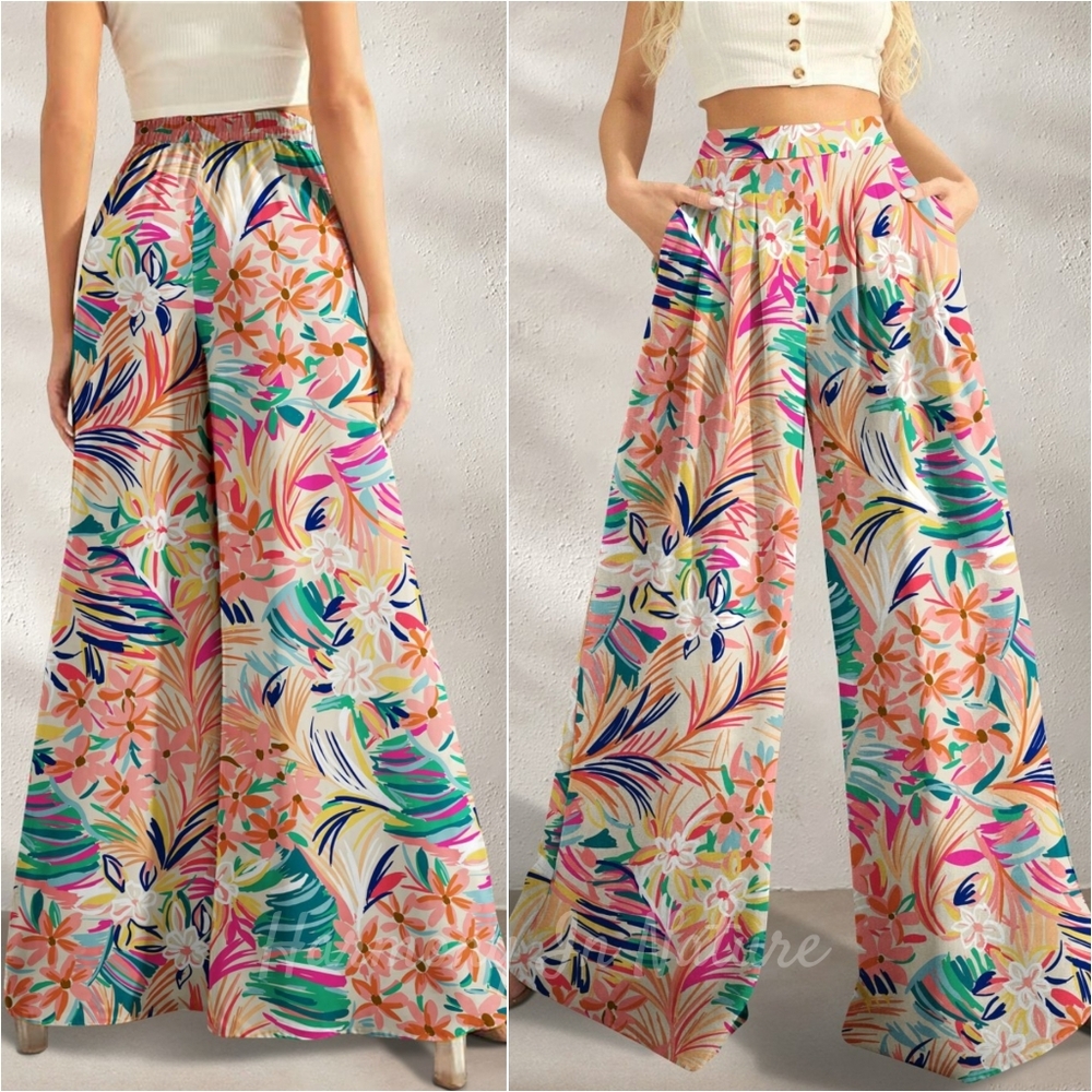 Tropical Leaf Print Wide-Leg Pants - Sherbet - Picture 1 of 4